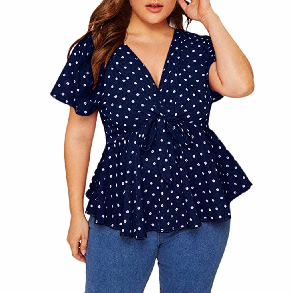 Women's Polka Dot Knot Front Blouse. Plus Size V Neck Short Sleeve Top BENNYS 