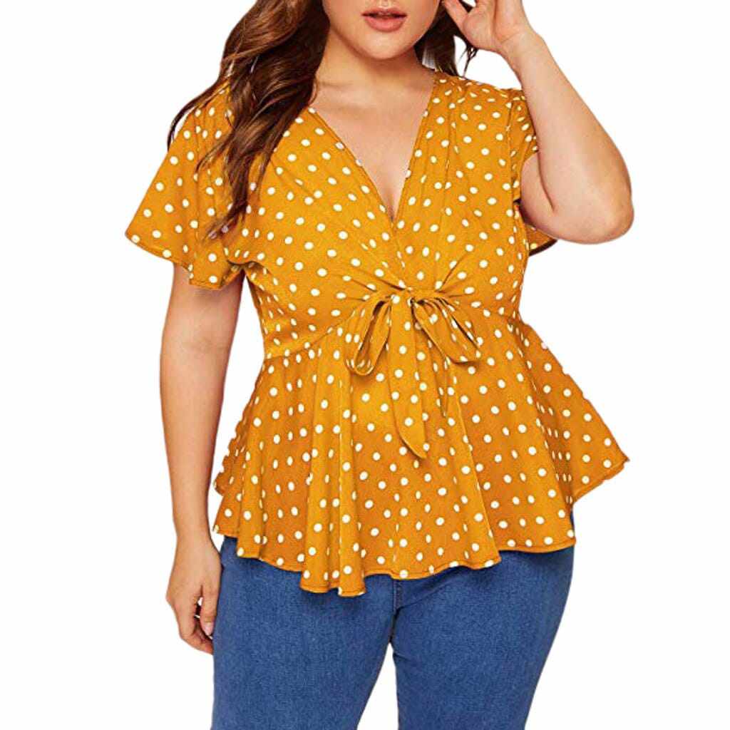 Women's Polka Dot Knot Front Blouse. Plus Size V Neck Short Sleeve Top BENNYS 