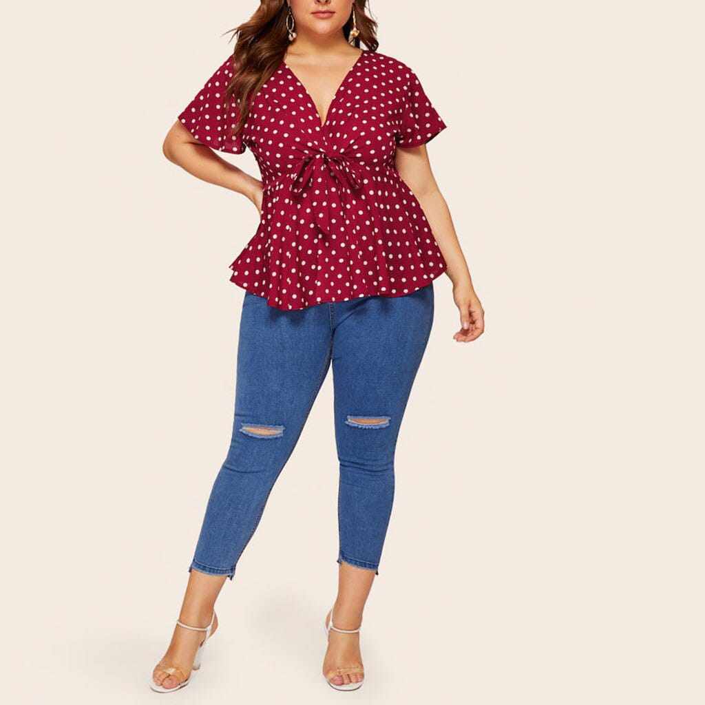 Women's Polka Dot Knot Front Blouse. Plus Size V Neck Short Sleeve Top BENNYS 