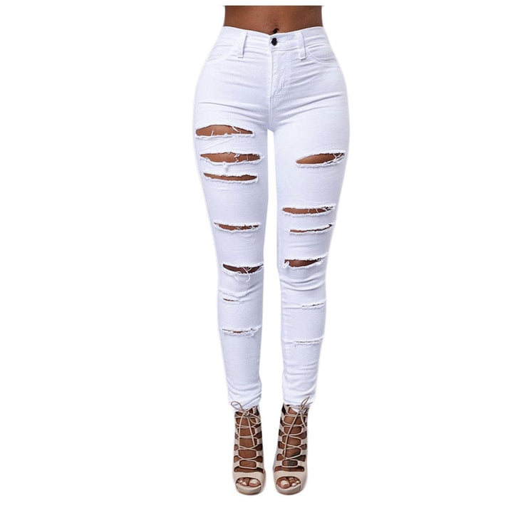 Women's Pure Color Ripped Jean Pants  High-waist Skinny Denim Pants BENNYS 