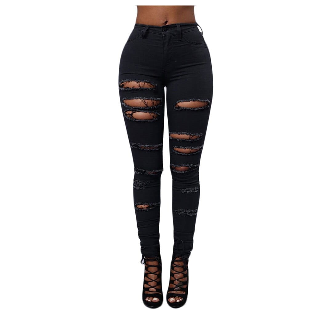 Women's Pure Color Ripped Jean Pants  High-waist Skinny Denim Pants BENNYS 