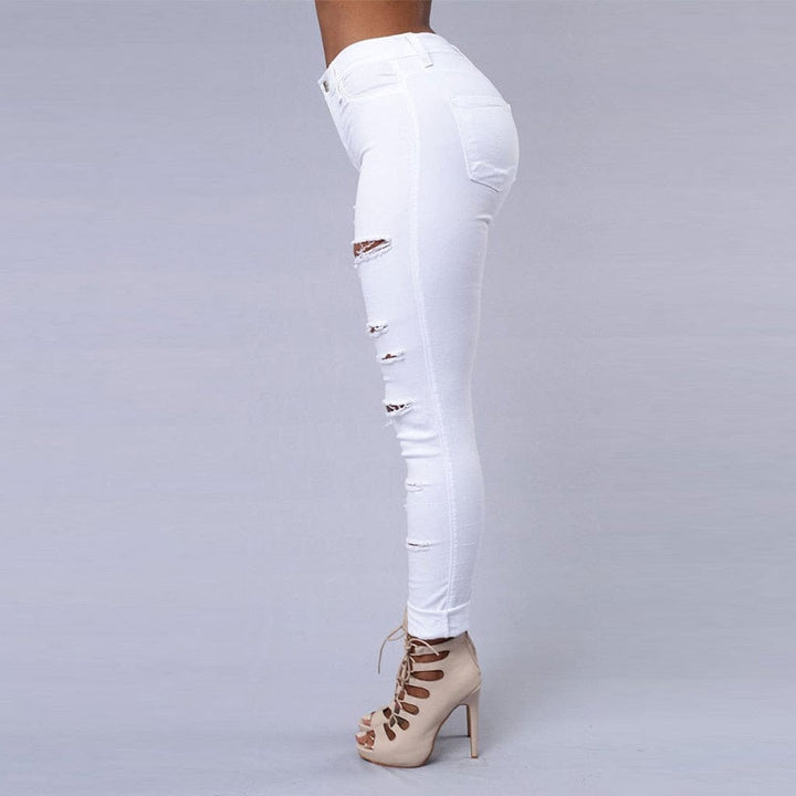 Women's Pure Color Ripped Jean Pants  High-waist Skinny Denim Pants BENNYS 