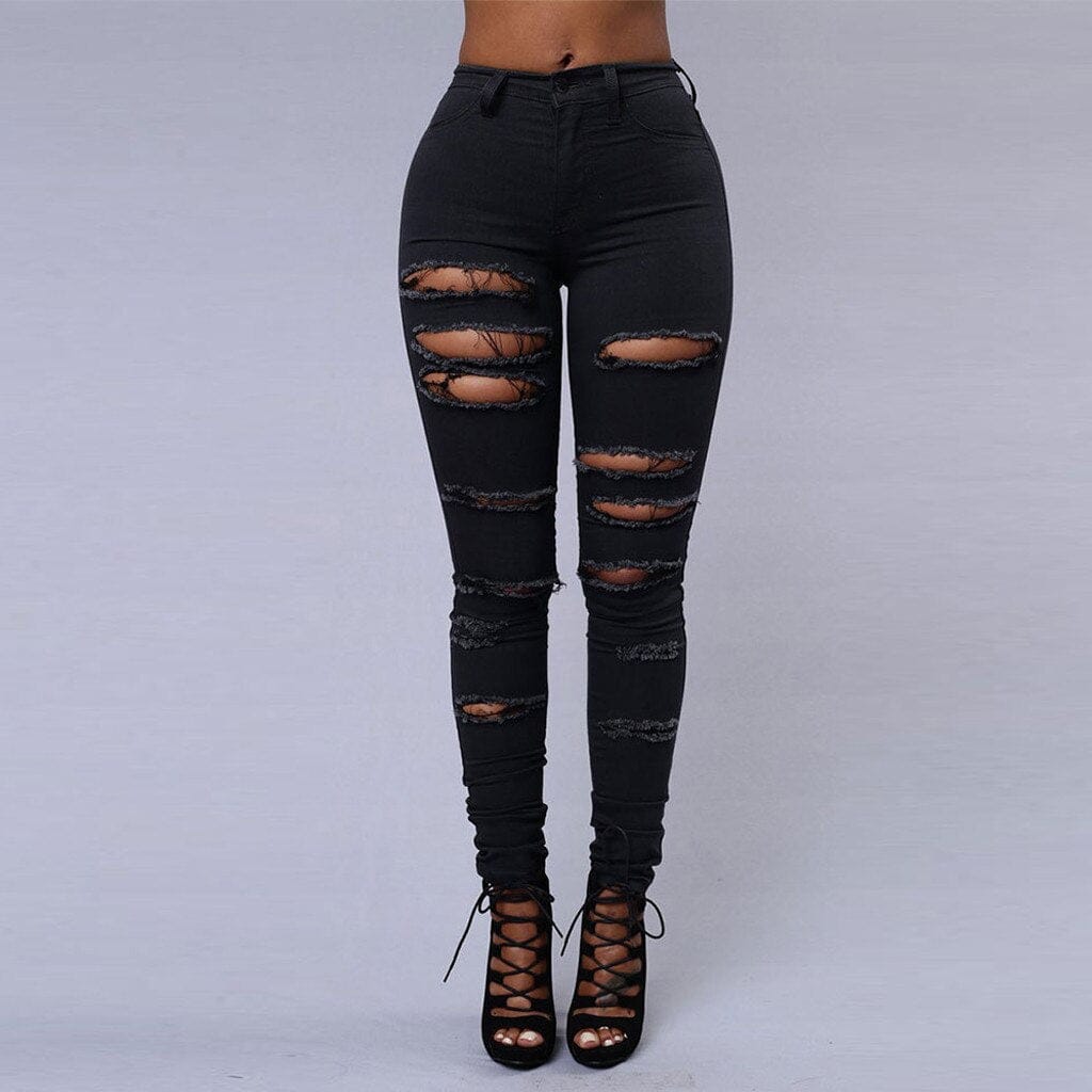 Women's Pure Color Ripped Jean Pants  High-waist Skinny Denim Pants BENNYS 