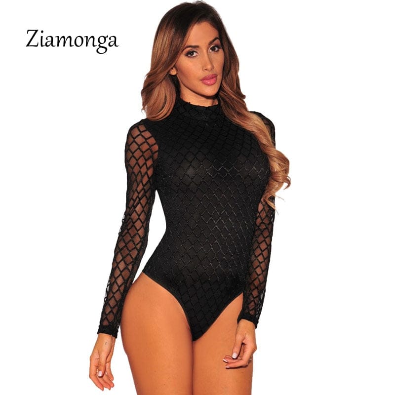 Women's Sexy B White Hollow Long Sleeve Mesh Body-con Bodysuit BENNYS 