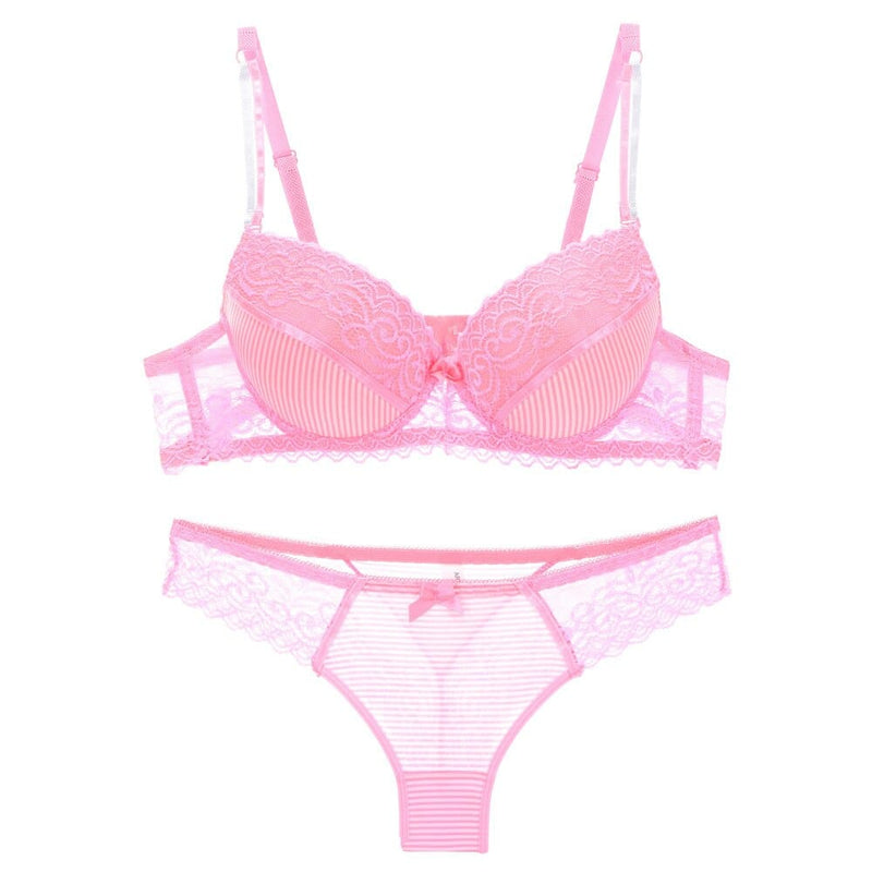 Bras for Women Love Pattern Lace Women Lingerie Bra + Thong Pajamas  Underwear Set Push up Bras for Women Pink Size:S-XL
