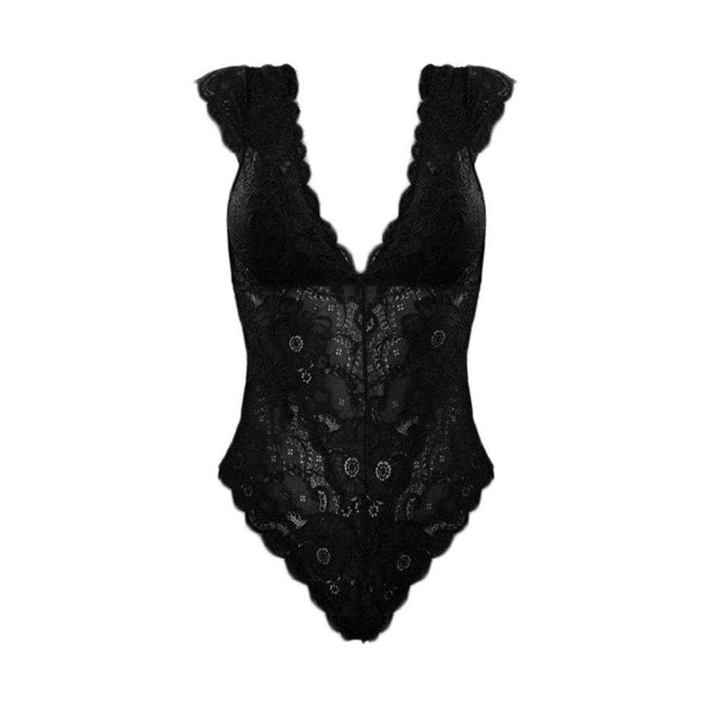 Black Lace Leatherette Bodysuit, Sheer Sexy Lingerie for Wedding
