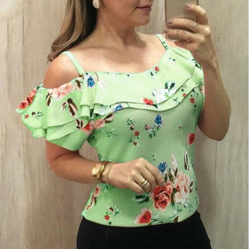 Women's Summer  Elegant Casual Floral Print Off shoulder Short Sleeve Blouse BENNYS 