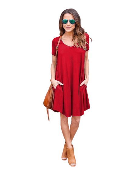 Women's Summer Fashion V Neck Short Sleeve Pocket T-Shirt Dress BENNYS 