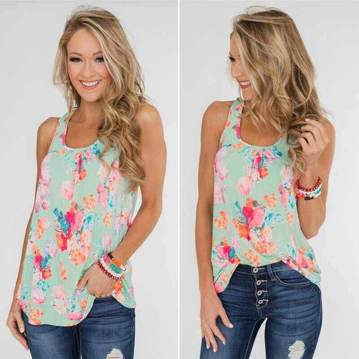 Women's Summer Floral Sleeveless Tanks Printed Loose Tunic Top Plus Size BENNYS 