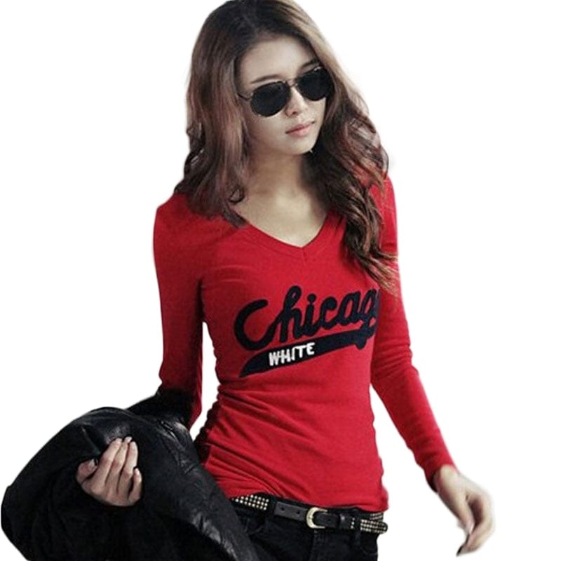Women's V-Neck Long-Sleeve T Shirt Women Casual Red Tops For Women BENNYS 
