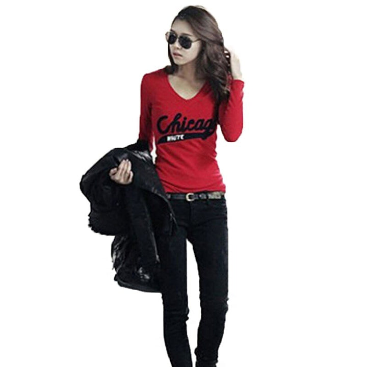 Women's V-Neck Long-Sleeve T Shirt Women Casual Red Tops For Women BENNYS 