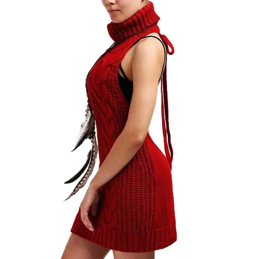Women Knit Sweater  Backless Turtleneck Sleeveless Pullover Bennys Beauty World