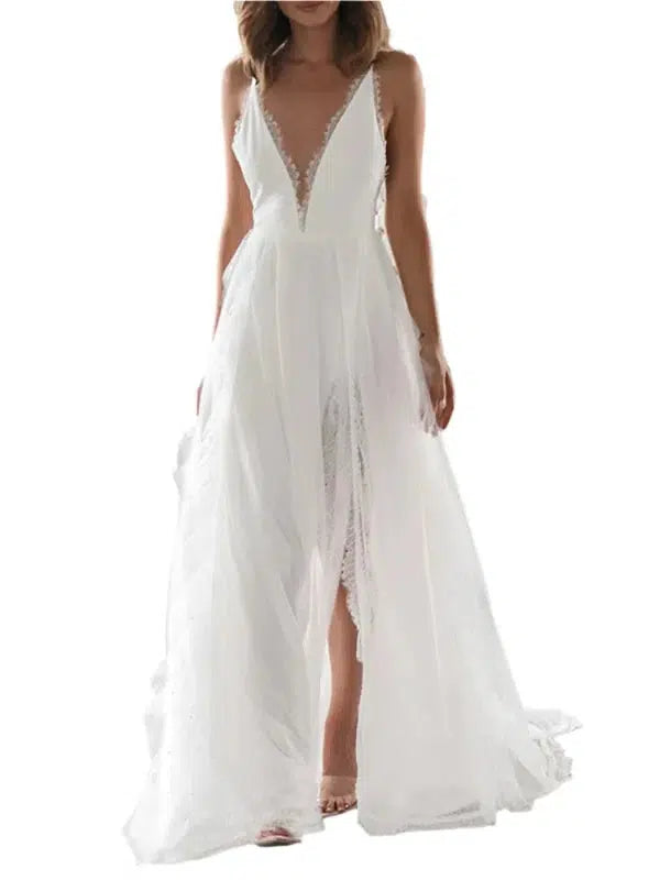 Women's V-neck Halter Dress Mesh Wedding And Evening Dress-Wedding dresses-Bennys Beauty World
