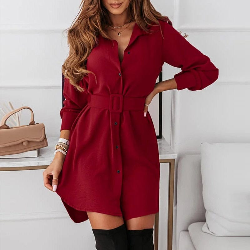 Womens Fashion Turn-down Collar Slit Mini Long Sleeve Party Dress BENNYS 