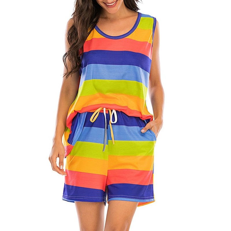 Womens Rainbow Stripes Short Sleeve Pajama Set BENNYS 