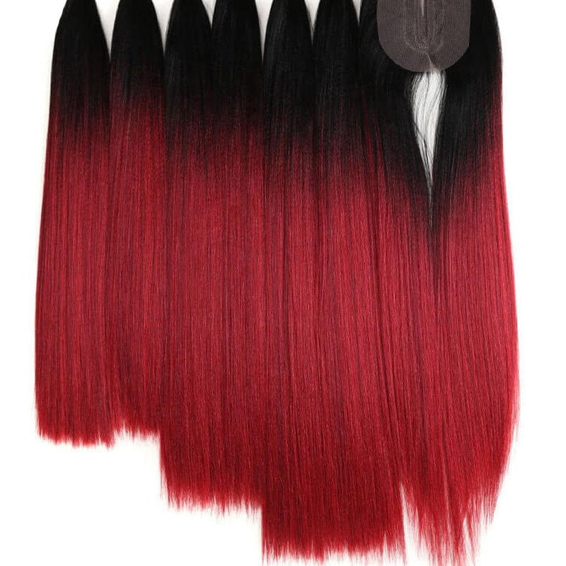 Yaki straight 100% heat resistance synthetic hair extension 7 bundles with closure BENNYS 