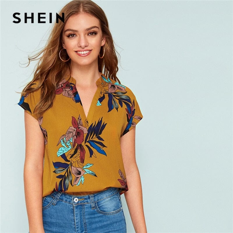 Yellow V-neck Floral Print Notched Blouse For Women BENNYS 