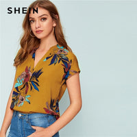 Yellow V-neck Floral Print Notched Blouse For Women BENNYS 