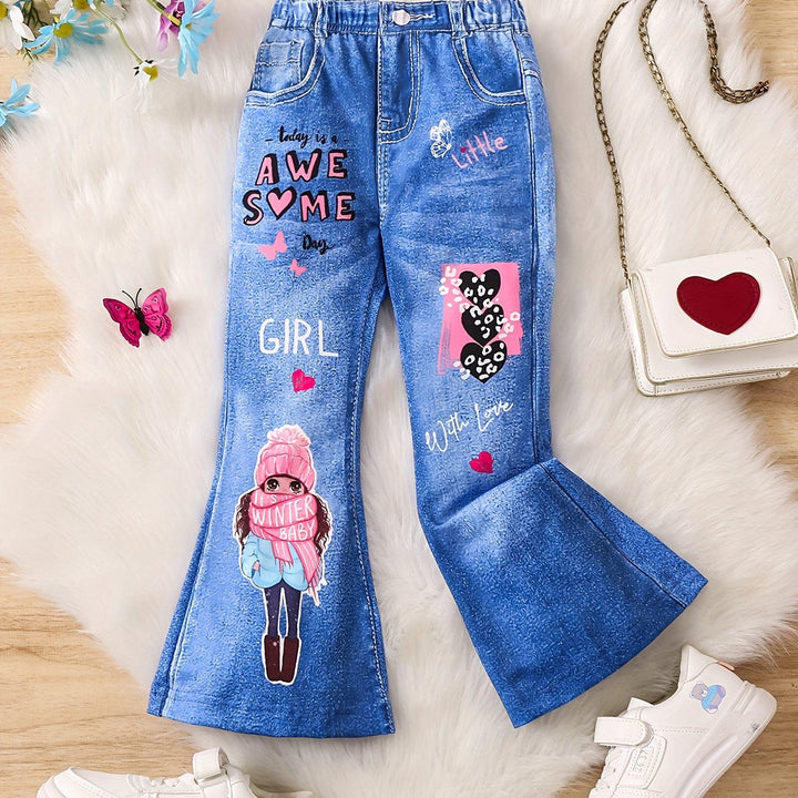 'Girl With Scarf' Cartoon Pattern Girls Imitation Denim Print Stretch Flare Leg Trousers For Spring And Fall (Not Jeans)-Bennys Beauty World