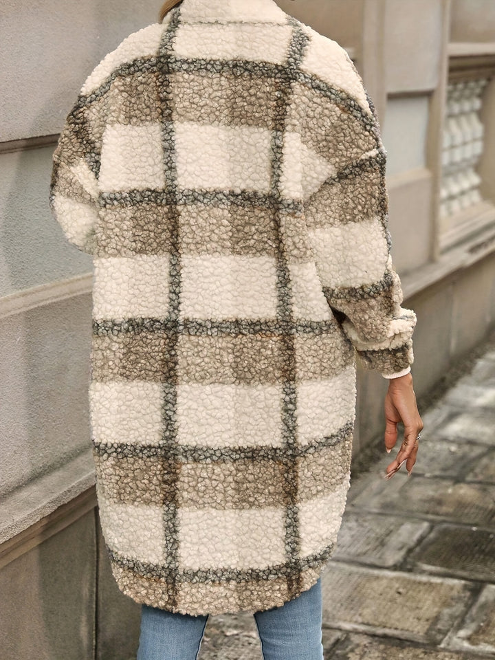 Cozy Plaid Fuzzy Jacket - Stylish Long Sleeve Coat for Fall & Winter-Bennys Beauty World