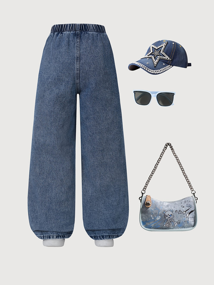 Casual Loose-Fit High-Waist Cat Print Jeans