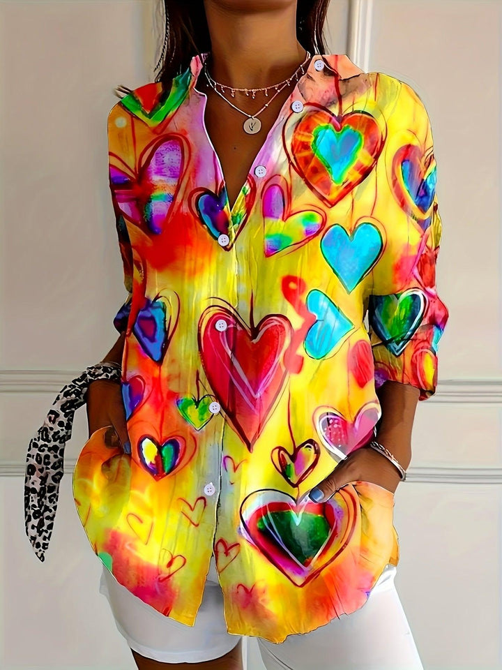Mother's Day Heart Print Floral Blouse-Blouse-Bennys Beauty World