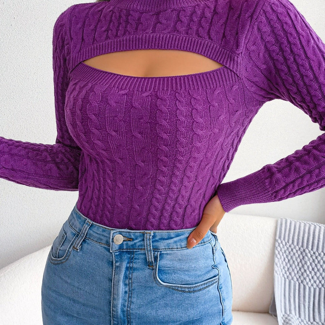 Women's Hollow-Out Knit Pullover Sweater Long Sleeve Crew Neck Top