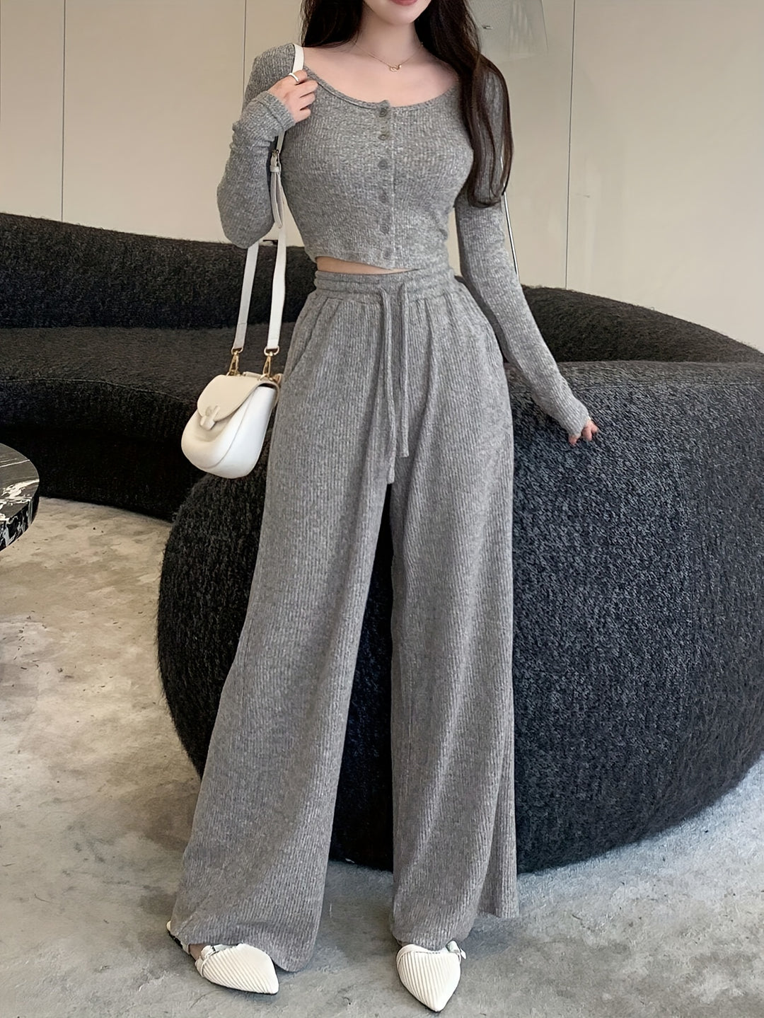 Elegant Knit Polyester Pantsuit Set with Crew Neck Long Sleeve Top and Straight-Leg Trousers, 95% Polyester 5% Elastane Solid Color, Pocket Detail, Mutton Sleeve - All Season Wear-Bennys Beauty World