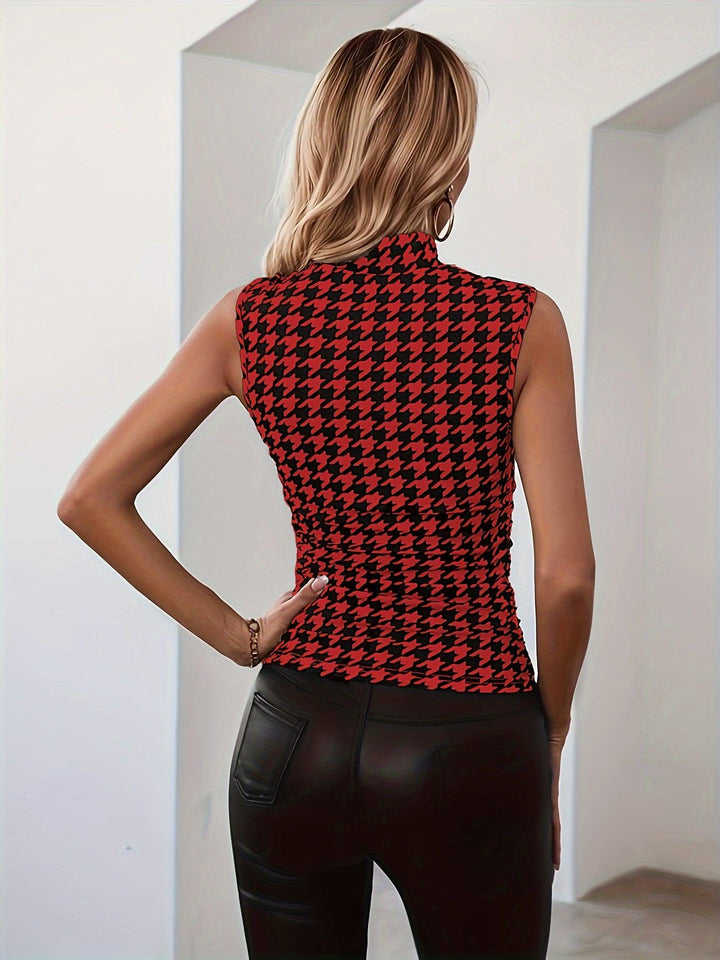 Houndstooth Mock Neck Tank Top, Sleeveless Slim Elegant Top, Women's Clothing-Bennys Beauty World