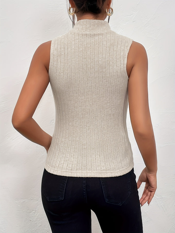 Turtleneck Ribbed Knit Tank Top for Women - Beige, Stretchy, Comfortable Fit, Sizes S to XXL, Belt Detail, Opaque, Easy Care Fabric, Seasonal Lines Pattern, Available in Multiple Sizes-Bennys Beauty World