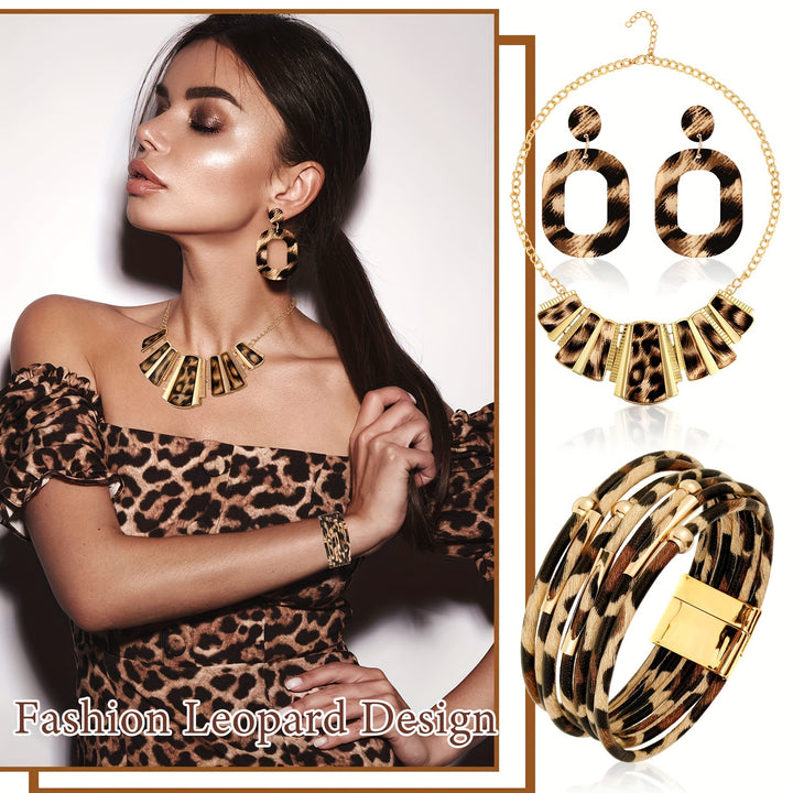 4pcs Leopard Necklace Earrings Bracelets Jewelry Set
