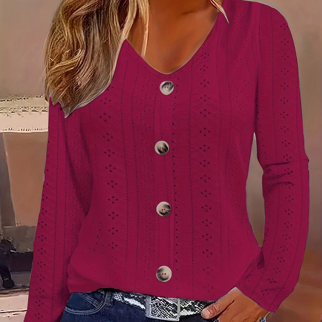 Eyelet Solid Blouse, Casual Button Front V Neck Long Sleeve Blouse, Women's Clothing-Bennys Beauty World