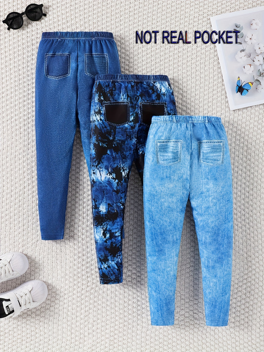 3 Packs Lightweight Thin Leggings Set Faux Denim Print Pants Kids Clothes Gift Spring Fall, As Christmas Gifts-Bennys Beauty World