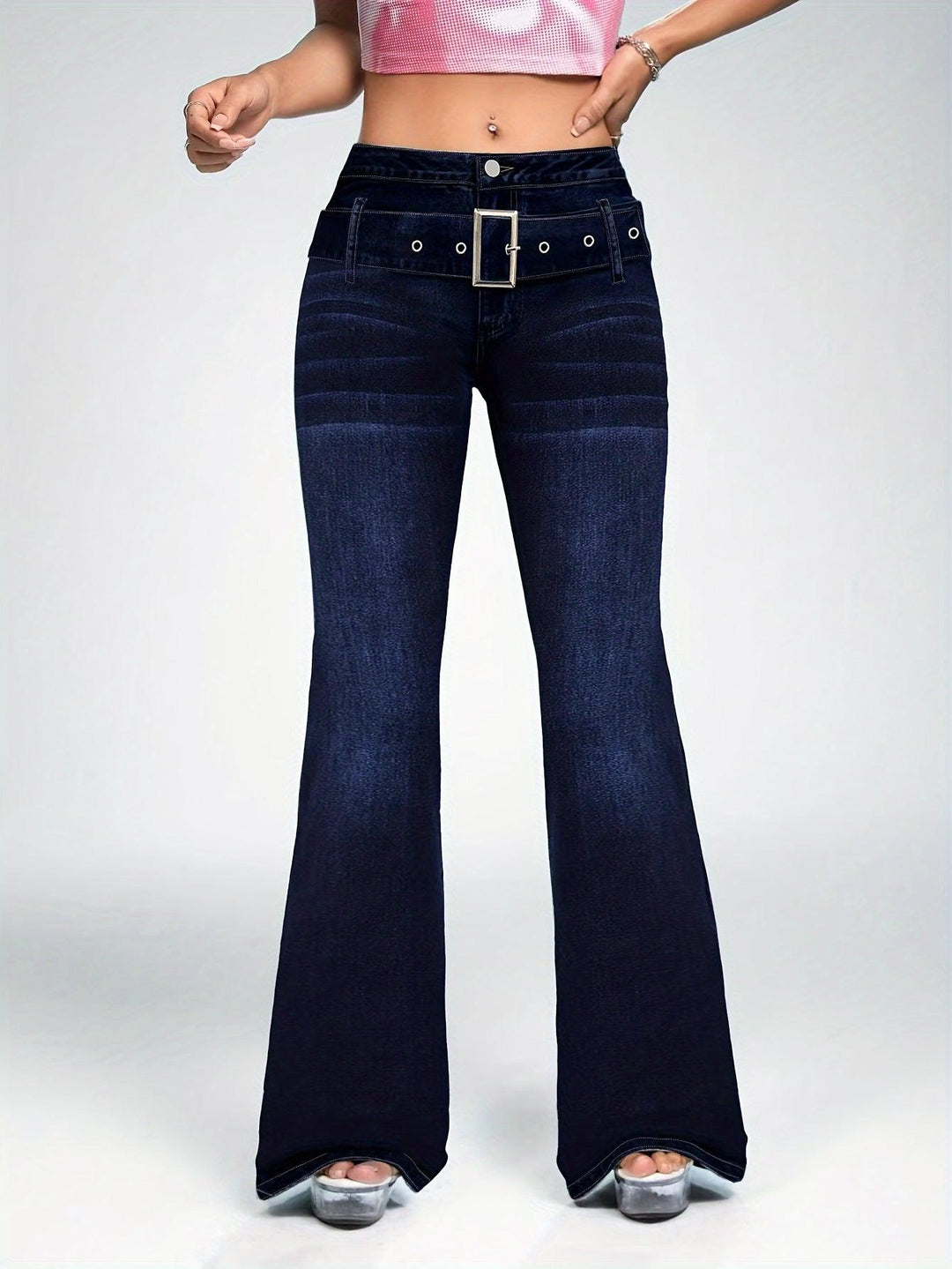 Dark Washed Blue Bell Bottom Flare Leg Jeans for Women - Stylish Casual Denim-Bennys Beauty World