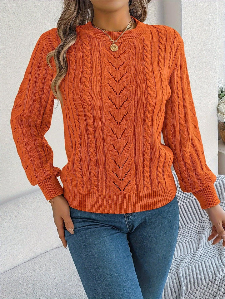 Women's Cozy Cable Knit Sweater - Soft, Long Sleeve, Round Neck with Hollow-Out Design for Warmth & Breathability in Fall/Winter-Bennys Beauty World