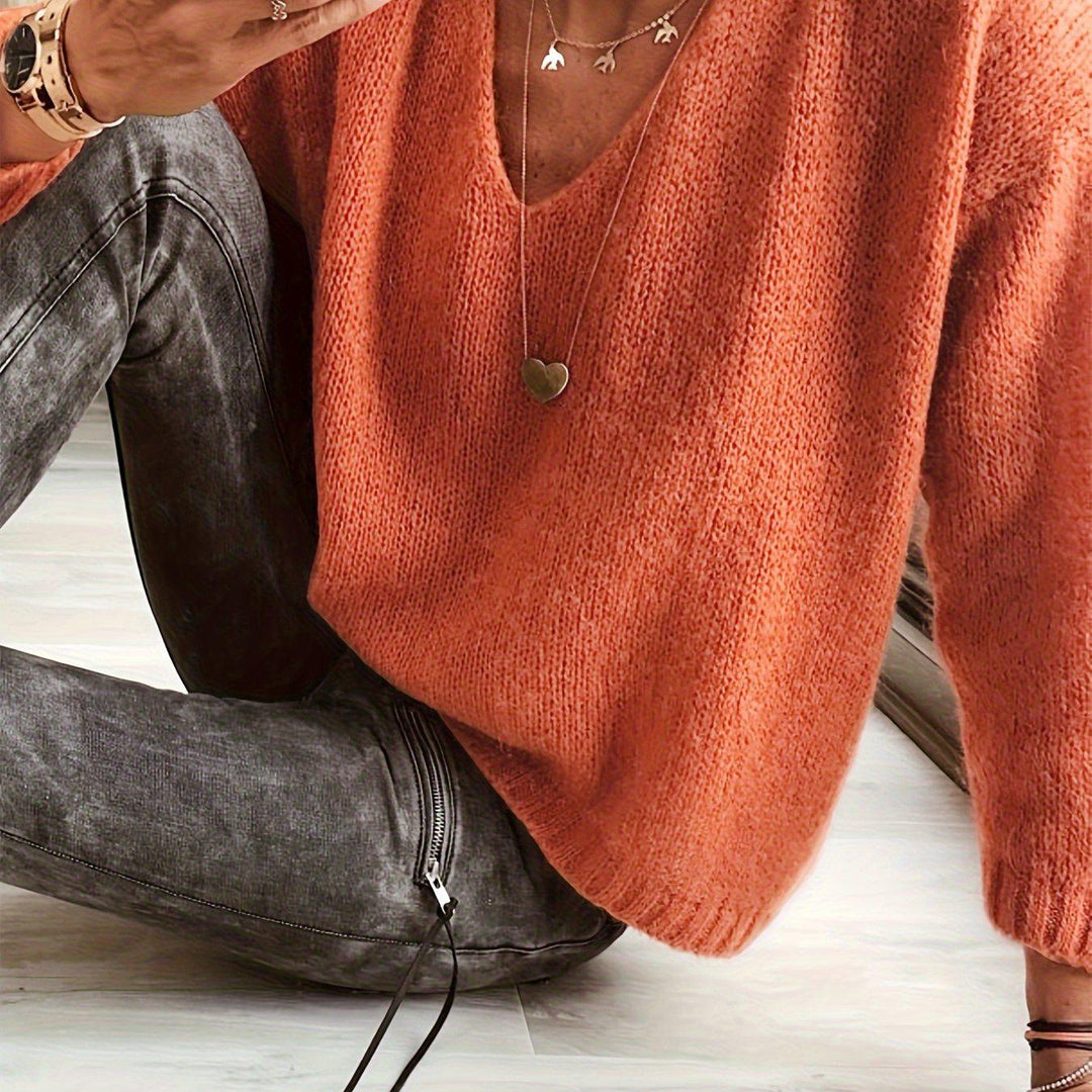 Solid Color V-neck Simple Sweater, Versatile Long Sleeve Sweater For Fall & Winter, Women's Clothing-Bennys Beauty World