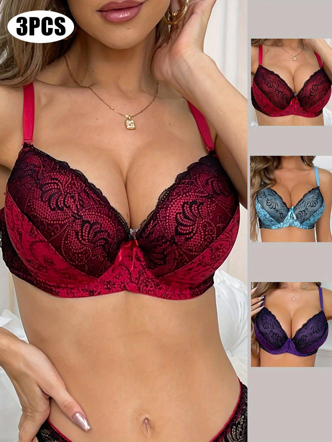 3pcs Lace Underwire Bra, Elegant Comfy Push Up Bra, Women's Lingerie & Underwear-Bennys Beauty World