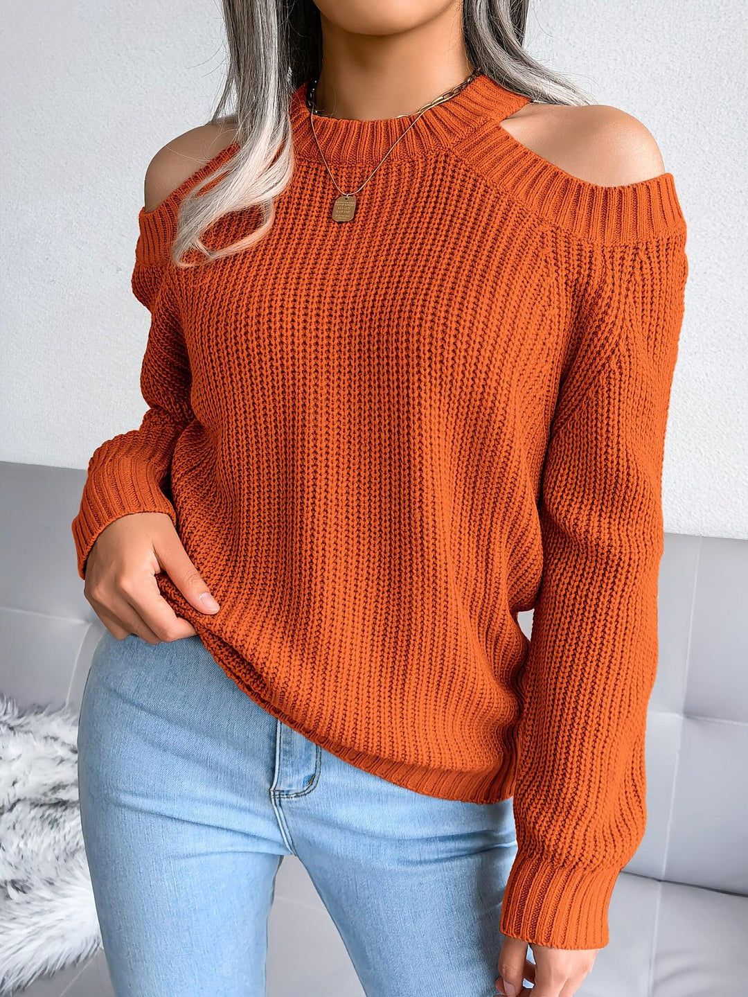 Solid Crew Neck Knit Sweater, Casual Long Sleeve Cold Shoulder Sweater, Women's Clothing-Bennys Beauty World