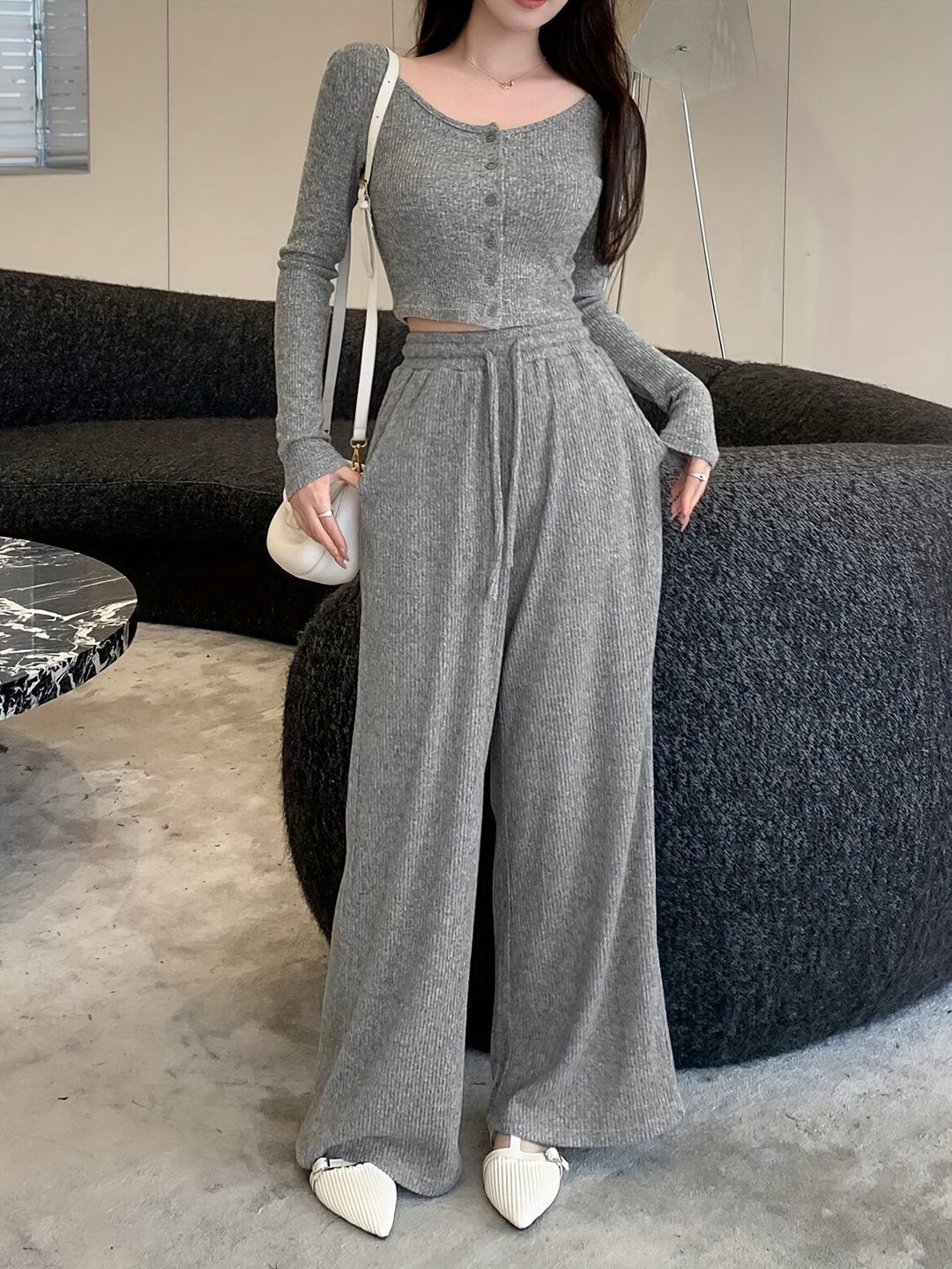 Elegant Knit Polyester Pantsuit Set with Crew Neck Long Sleeve Top and Straight-Leg Trousers, 95% Polyester 5% Elastane Solid Color, Pocket Detail, Mutton Sleeve - All Season Wear-Bennys Beauty World