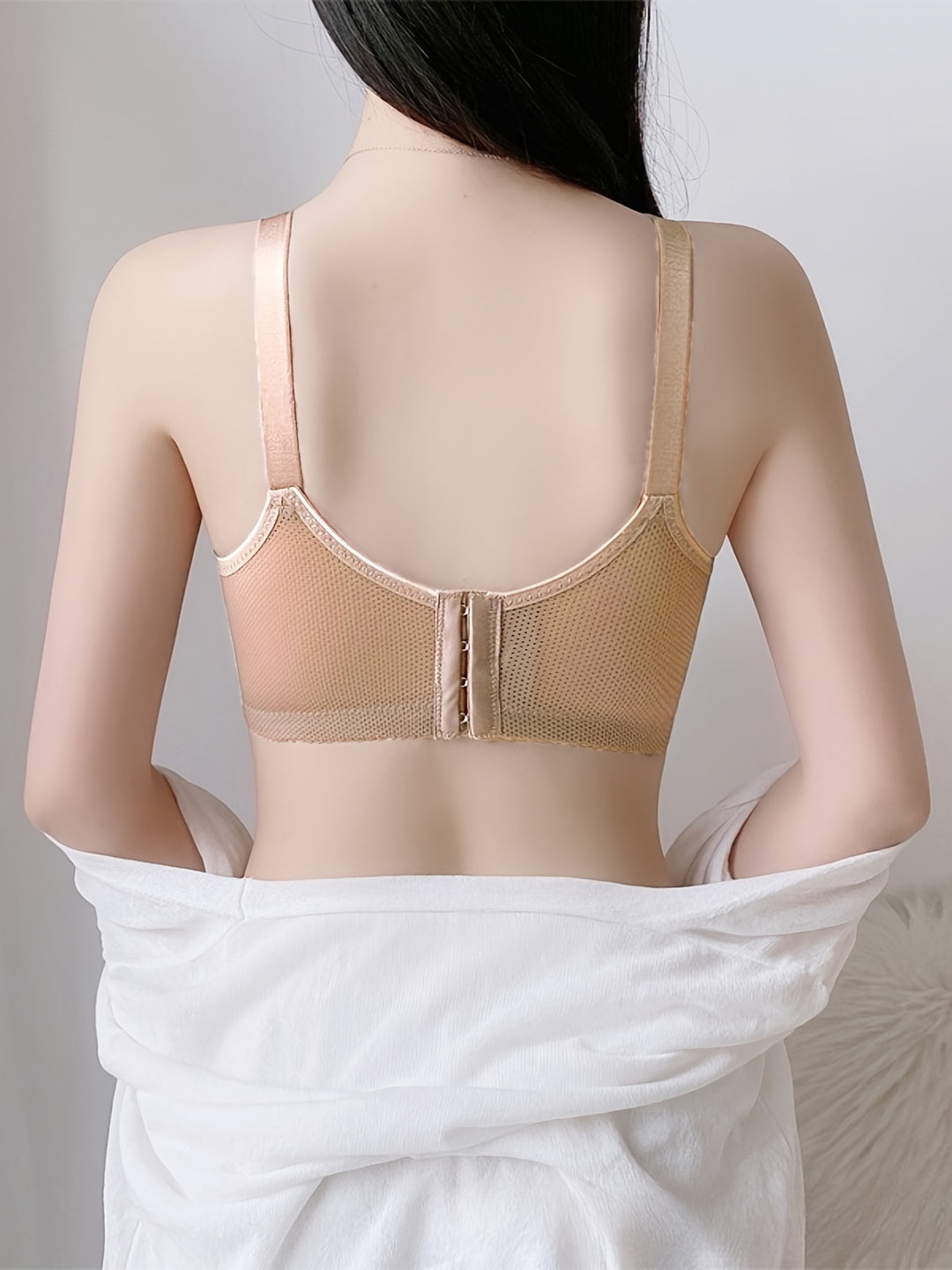 Rhinestone Decor Jacquard Lace Wireless Anti Sagging Bra, Elegant Adjustable Straps Push Up Breathable Bra, Women's Lingerie & Underwear-Bennys Beauty World