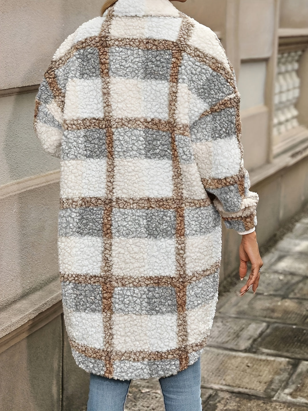 Cozy Plaid Fuzzy Jacket - Stylish Long Sleeve Coat for Fall & Winter-Bennys Beauty World