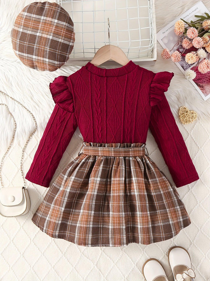 Girls' Fall/Winter 3-Piece Set, Including Knit Sweater, Skirt With Waist Belt, And Hat, Polyester And Elastane Fabric, Cute And Cozy-Bennys Beauty World