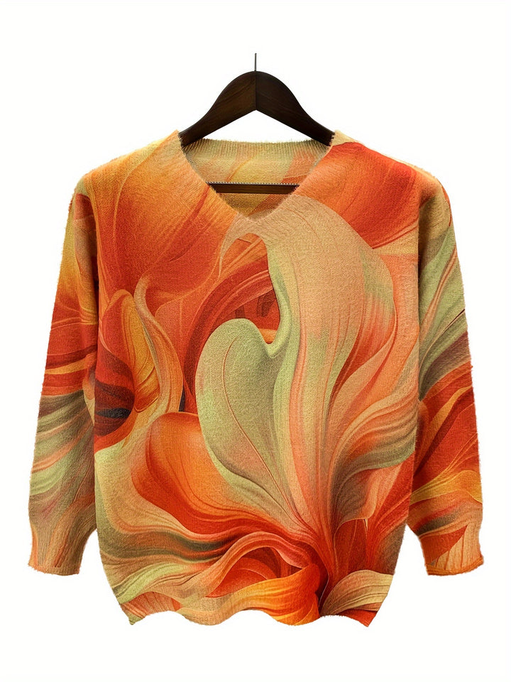 Elegant V-Neck Pullover Sweater for Women - Fall/Winter Collection, Polyester Blend with Acrylic and Nylon, All-Over Print, Knit Fabric, Long Sleeve - Loose Fit-Bennys Beauty World