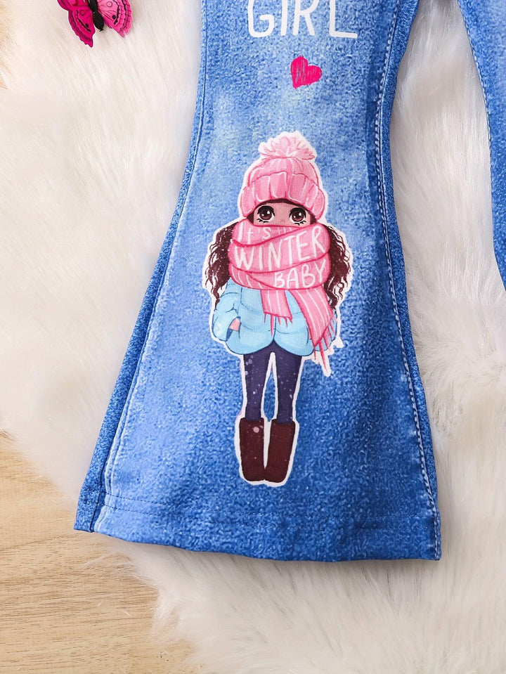 'Girl With Scarf' Cartoon Pattern Girls Imitation Denim Print Stretch Flare Leg Trousers For Spring And Fall (Not Jeans)-Bennys Beauty World