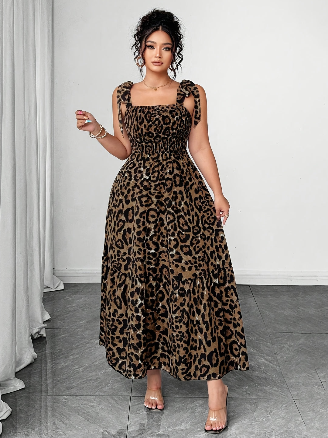 Women's Leopard Print Tie-bow Decoration Dress