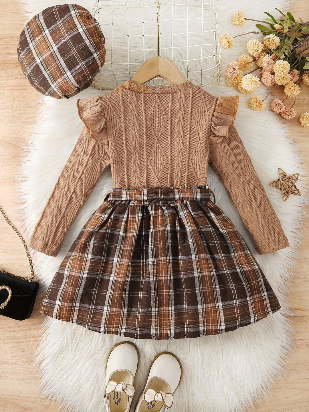 Girls' Fall/Winter 3-Piece Set, Including Knit Sweater, Skirt With Waist Belt, And Hat, Polyester And Elastane Fabric, Cute And Cozy-Bennys Beauty World