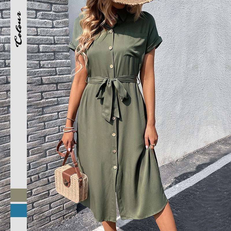 Summer Short Sleeve Long Dress With Button Pocket Design Fashion Womens Clothing-dress-Bennys Beauty World