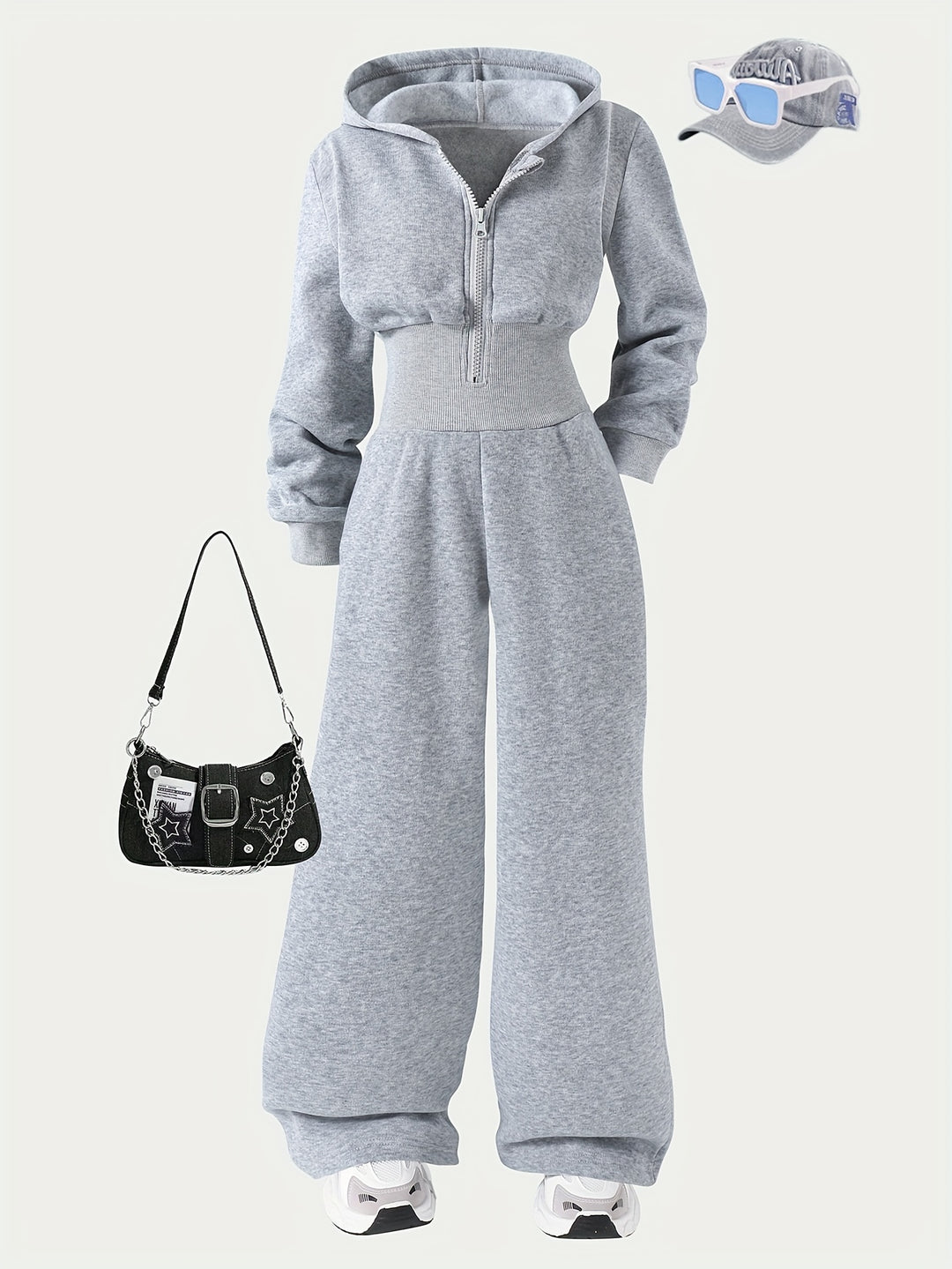 Autumn Girls' Simple Casual Style Knitted Zipper Sweatshirt Hooded Jumpsuit, Perfect for Outdoor