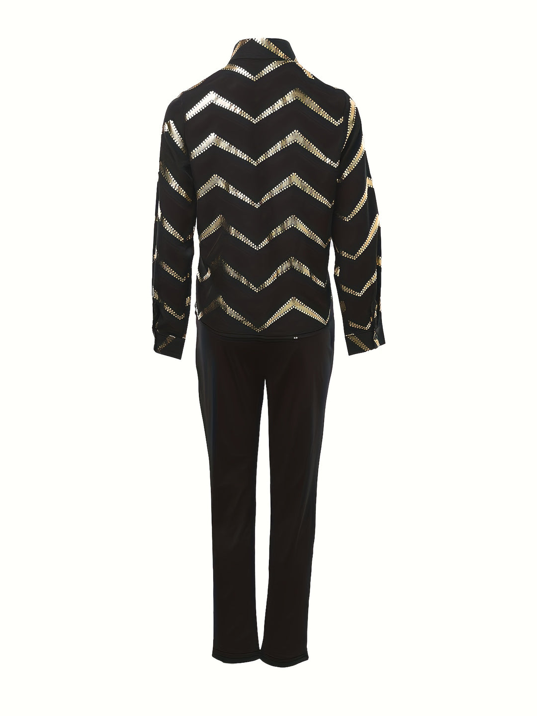 Chevron Chic Color Block Ensemble: Button-Up Long Sleeve Top & Tailored Slim Pants for Women-Bennys Beauty World