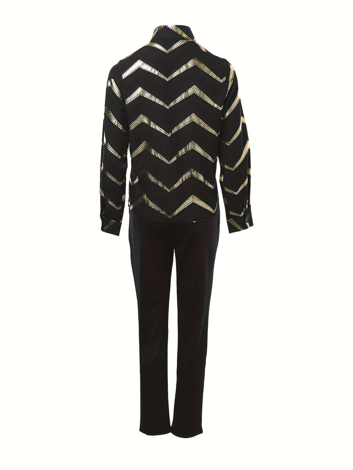 Chevron Chic Color Block Ensemble: Button-Up Long Sleeve Top & Tailored Slim Pants for Women-Bennys Beauty World